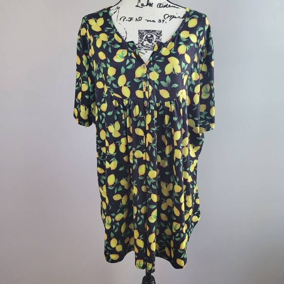 Allegrace 3X lemon print blouse empire waist button up collar novelty print grap - Picture 1 of 14